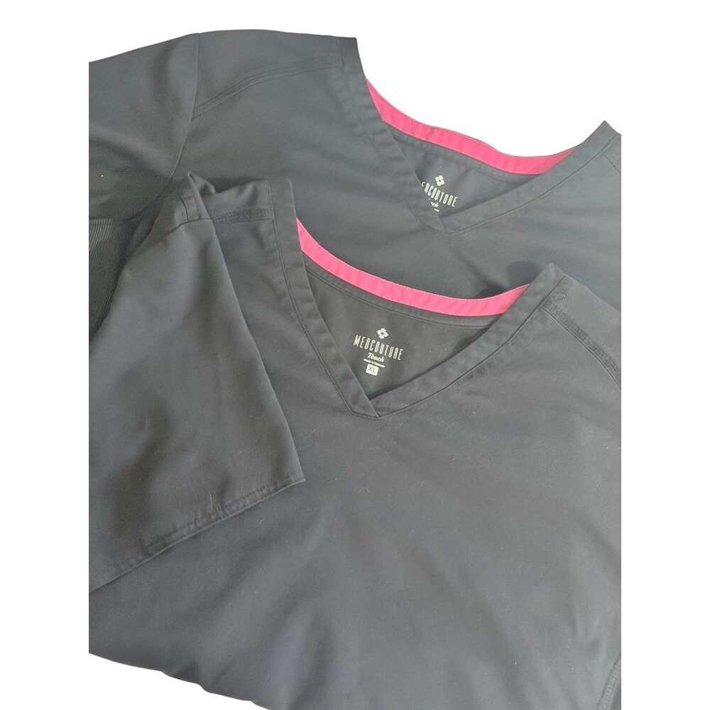 Lot of 2 Med Couture Womens Black V-Neck Scrub Top Size XL Nurse Uniform Medical